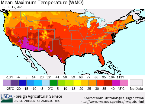 United States Maximum Temperature (WMO) Thematic Map For 7/6/2020 - 7/12/2020