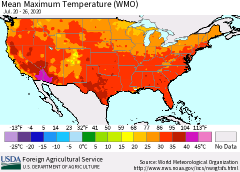 United States Maximum Temperature (WMO) Thematic Map For 7/20/2020 - 7/26/2020