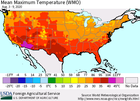 United States Maximum Temperature (WMO) Thematic Map For 8/3/2020 - 8/9/2020