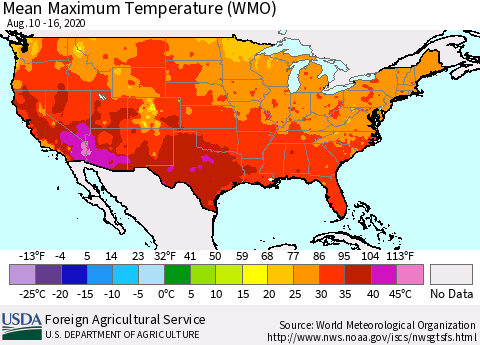 United States Maximum Temperature (WMO) Thematic Map For 8/10/2020 - 8/16/2020