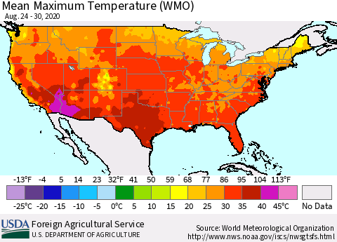 United States Maximum Temperature (WMO) Thematic Map For 8/24/2020 - 8/30/2020