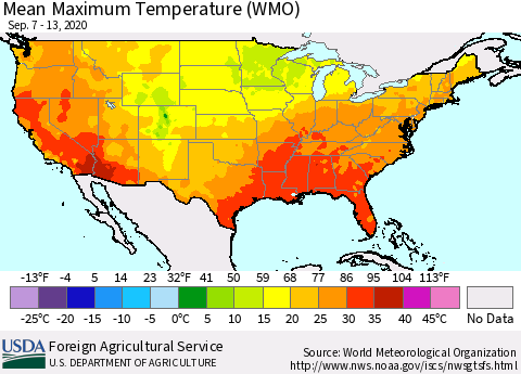 United States Maximum Temperature (WMO) Thematic Map For 9/7/2020 - 9/13/2020