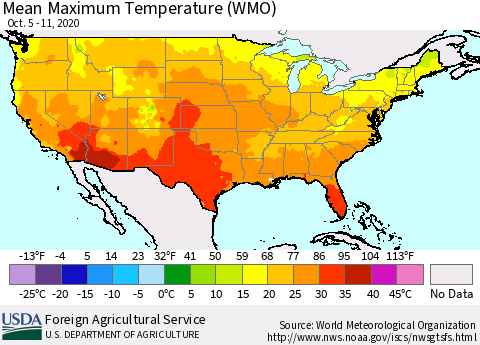 United States Maximum Temperature (WMO) Thematic Map For 10/5/2020 - 10/11/2020