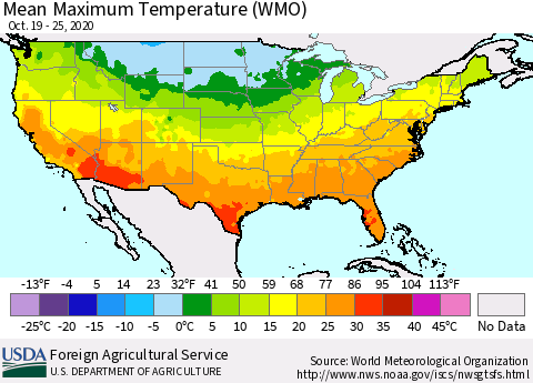 United States Maximum Temperature (WMO) Thematic Map For 10/19/2020 - 10/25/2020