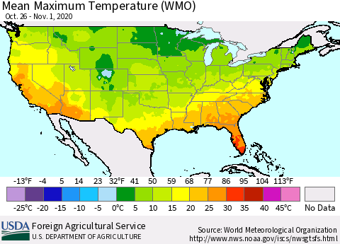 United States Maximum Temperature (WMO) Thematic Map For 10/26/2020 - 11/1/2020