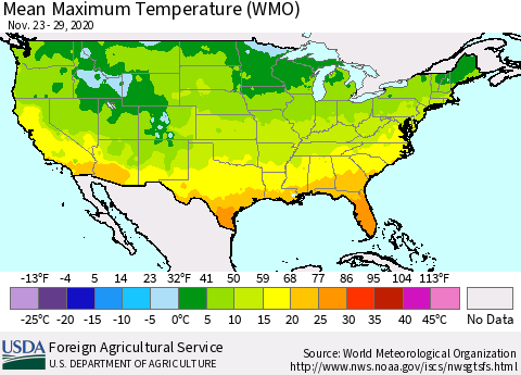 United States Maximum Temperature (WMO) Thematic Map For 11/23/2020 - 11/29/2020