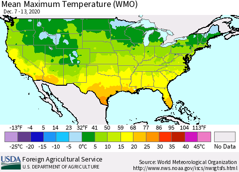 United States Maximum Temperature (WMO) Thematic Map For 12/7/2020 - 12/13/2020