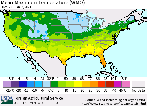United States Maximum Temperature (WMO) Thematic Map For 12/28/2020 - 1/3/2021