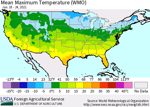 United States Maximum Temperature (WMO) Thematic Map For 1/18/2021 - 1/24/2021