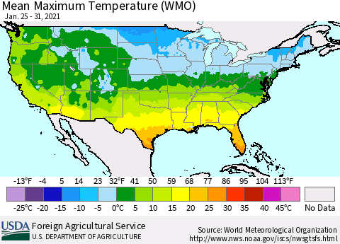 United States Maximum Temperature (WMO) Thematic Map For 1/25/2021 - 1/31/2021