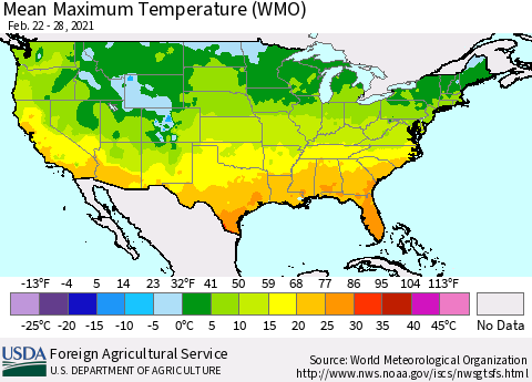 United States Maximum Temperature (WMO) Thematic Map For 2/22/2021 - 2/28/2021