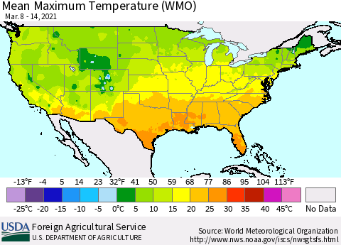 United States Maximum Temperature (WMO) Thematic Map For 3/8/2021 - 3/14/2021