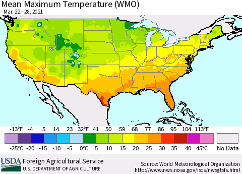 United States Maximum Temperature (WMO) Thematic Map For 3/22/2021 - 3/28/2021