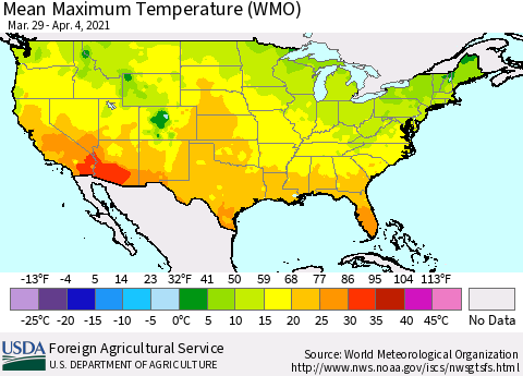 United States Maximum Temperature (WMO) Thematic Map For 3/29/2021 - 4/4/2021