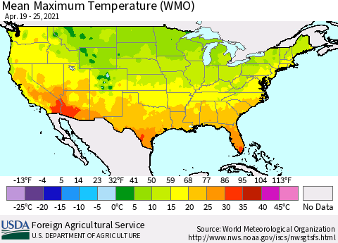 United States Maximum Temperature (WMO) Thematic Map For 4/19/2021 - 4/25/2021