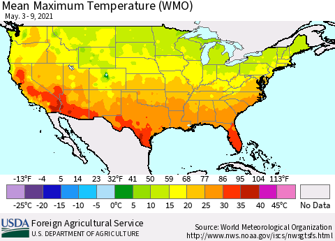 United States Maximum Temperature (WMO) Thematic Map For 5/3/2021 - 5/9/2021