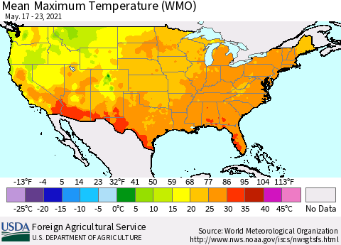United States Maximum Temperature (WMO) Thematic Map For 5/17/2021 - 5/23/2021