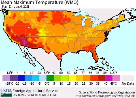 United States Maximum Temperature (WMO) Thematic Map For 5/31/2021 - 6/6/2021