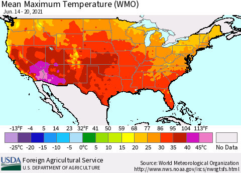 United States Maximum Temperature (WMO) Thematic Map For 6/14/2021 - 6/20/2021
