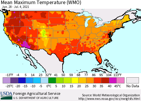 United States Maximum Temperature (WMO) Thematic Map For 6/28/2021 - 7/4/2021