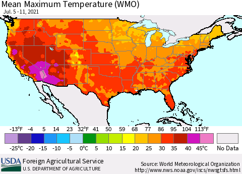 United States Maximum Temperature (WMO) Thematic Map For 7/5/2021 - 7/11/2021