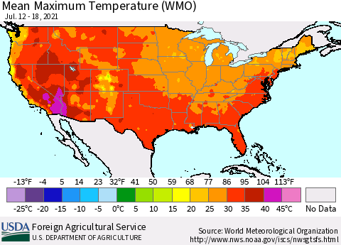 United States Maximum Temperature (WMO) Thematic Map For 7/12/2021 - 7/18/2021