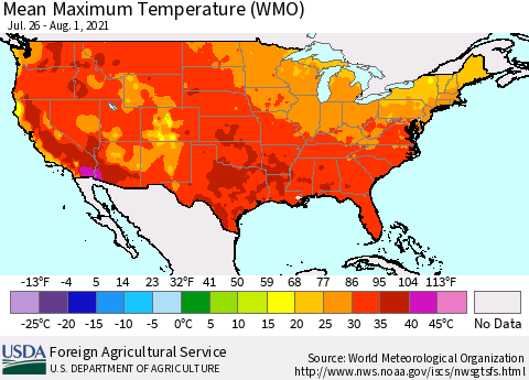 United States Maximum Temperature (WMO) Thematic Map For 7/26/2021 - 8/1/2021