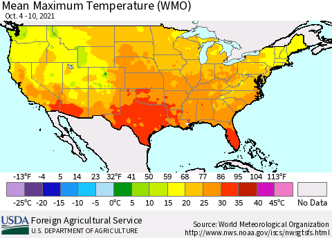 United States Maximum Temperature (WMO) Thematic Map For 10/4/2021 - 10/10/2021
