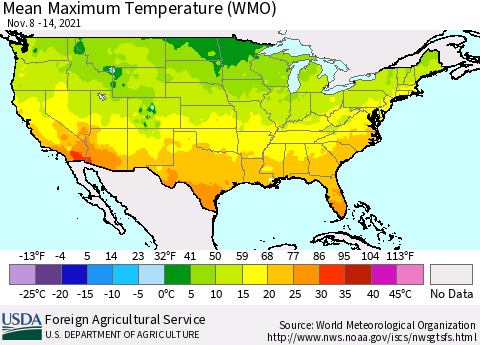 United States Maximum Temperature (WMO) Thematic Map For 11/8/2021 - 11/14/2021