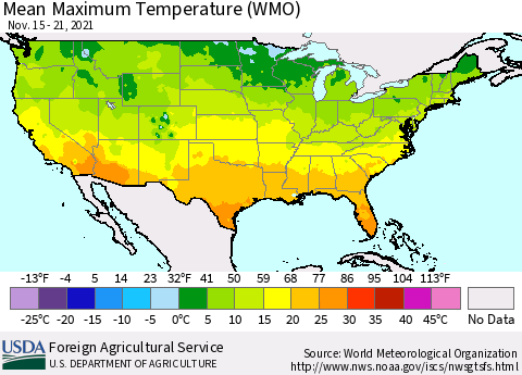 United States Maximum Temperature (WMO) Thematic Map For 11/15/2021 - 11/21/2021