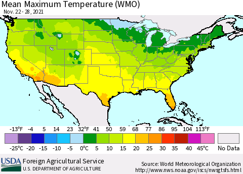 United States Maximum Temperature (WMO) Thematic Map For 11/22/2021 - 11/28/2021
