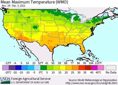 United States Maximum Temperature (WMO) Thematic Map For 11/29/2021 - 12/5/2021