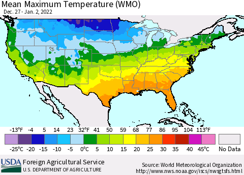 United States Maximum Temperature (WMO) Thematic Map For 12/27/2021 - 1/2/2022