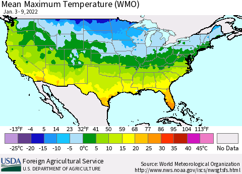 United States Maximum Temperature (WMO) Thematic Map For 1/3/2022 - 1/9/2022