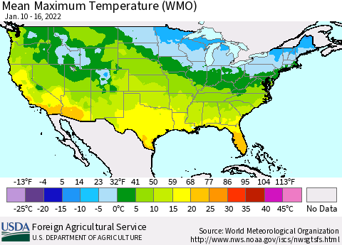 United States Maximum Temperature (WMO) Thematic Map For 1/10/2022 - 1/16/2022