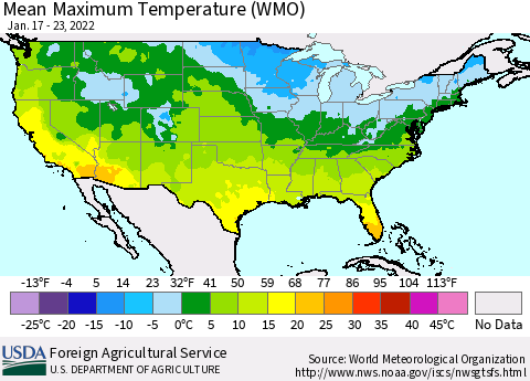 United States Maximum Temperature (WMO) Thematic Map For 1/17/2022 - 1/23/2022