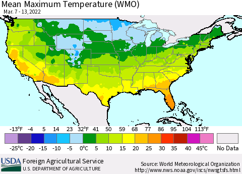 United States Maximum Temperature (WMO) Thematic Map For 3/7/2022 - 3/13/2022