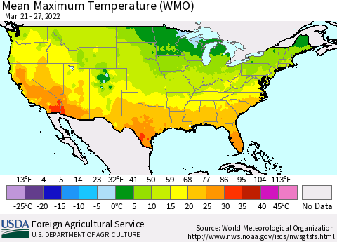United States Maximum Temperature (WMO) Thematic Map For 3/21/2022 - 3/27/2022