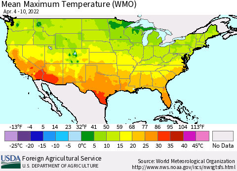 United States Maximum Temperature (WMO) Thematic Map For 4/4/2022 - 4/10/2022