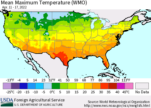 United States Maximum Temperature (WMO) Thematic Map For 4/11/2022 - 4/17/2022