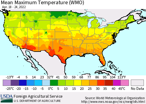 United States Maximum Temperature (WMO) Thematic Map For 4/18/2022 - 4/24/2022