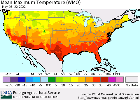 United States Maximum Temperature (WMO) Thematic Map For 5/16/2022 - 5/22/2022