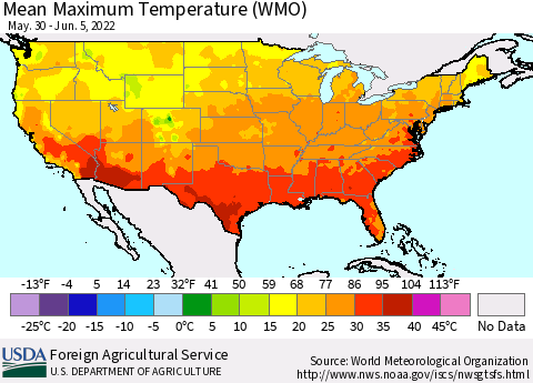 United States Maximum Temperature (WMO) Thematic Map For 5/30/2022 - 6/5/2022