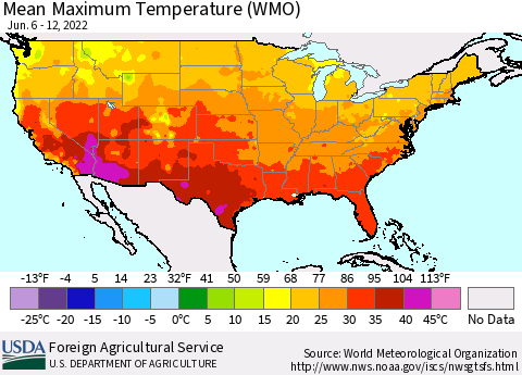 United States Maximum Temperature (WMO) Thematic Map For 6/6/2022 - 6/12/2022