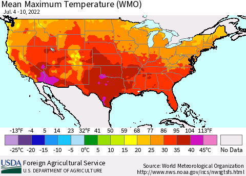 United States Maximum Temperature (WMO) Thematic Map For 7/4/2022 - 7/10/2022