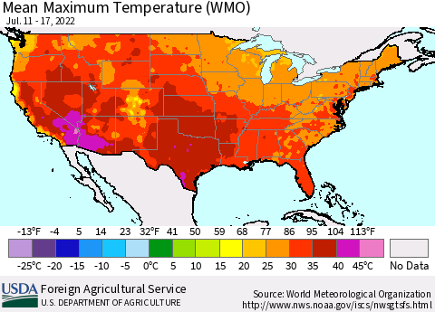 United States Maximum Temperature (WMO) Thematic Map For 7/11/2022 - 7/17/2022