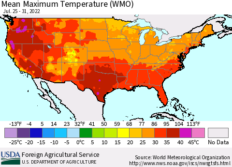 United States Maximum Temperature (WMO) Thematic Map For 7/25/2022 - 7/31/2022