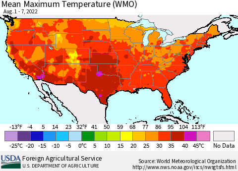 United States Maximum Temperature (WMO) Thematic Map For 8/1/2022 - 8/7/2022