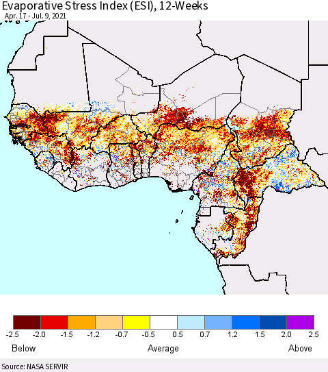 Western Africa Evaporative Stress Index (ESI), 12-Weeks Thematic Map For 7/5/2021 - 7/11/2021