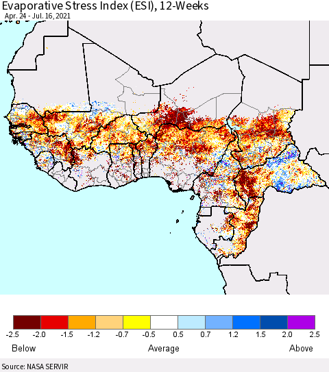 Western Africa Evaporative Stress Index (ESI), 12-Weeks Thematic Map For 7/12/2021 - 7/18/2021